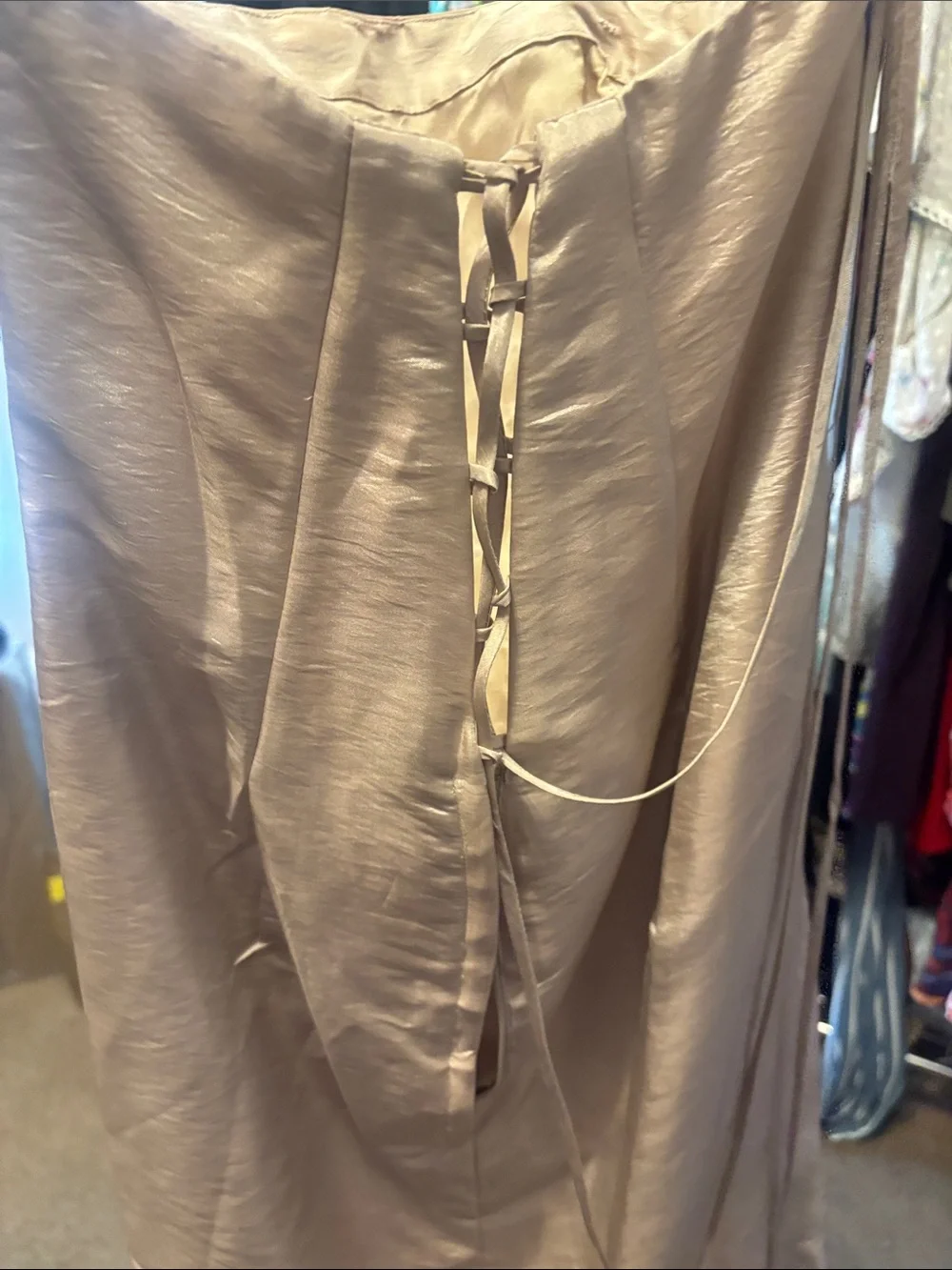 Bill Levkoff Strapless Ruched Satin Dress in Light Champagne